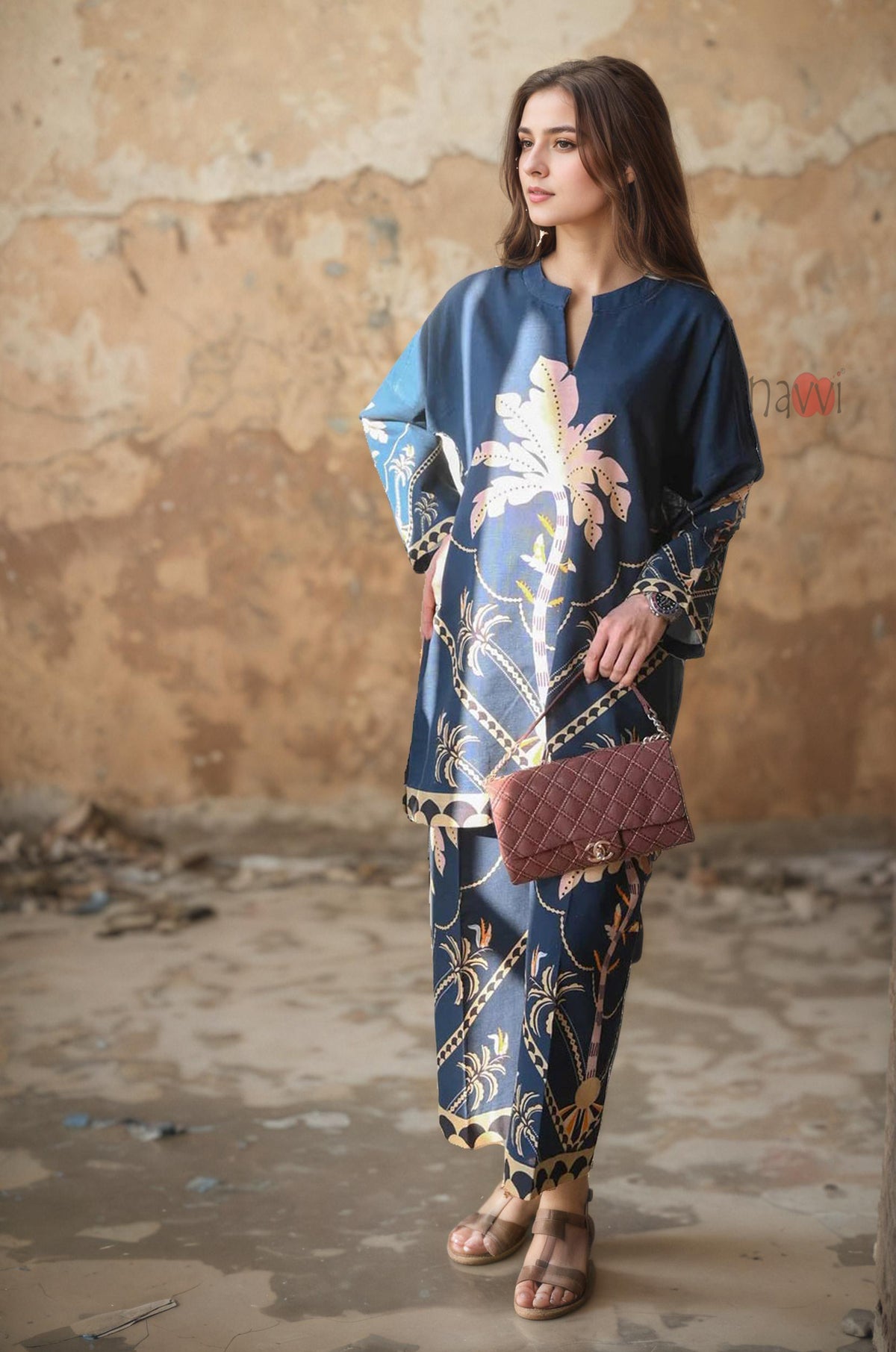 Navy Palm Print Kurta & Pants Set - Navvi.in
