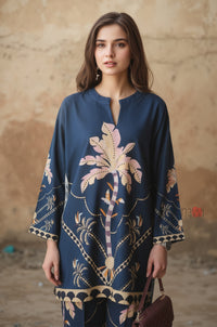 Navy Palm Print Kurta & Pants Set - Navvi.in