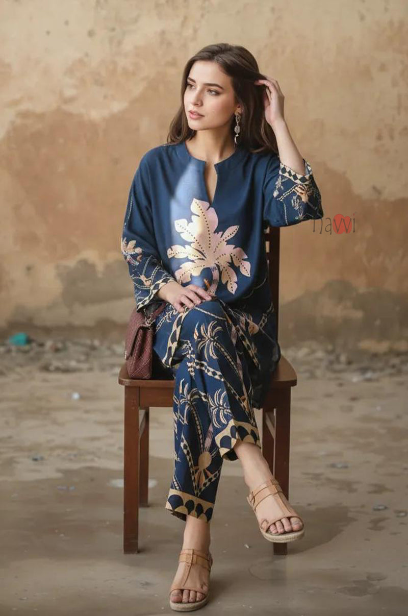 Navy Palm Print Kurta & Pants Set - Navvi.in