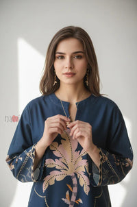 Navy Palm Print Kurta & Pants Set - Navvi.in