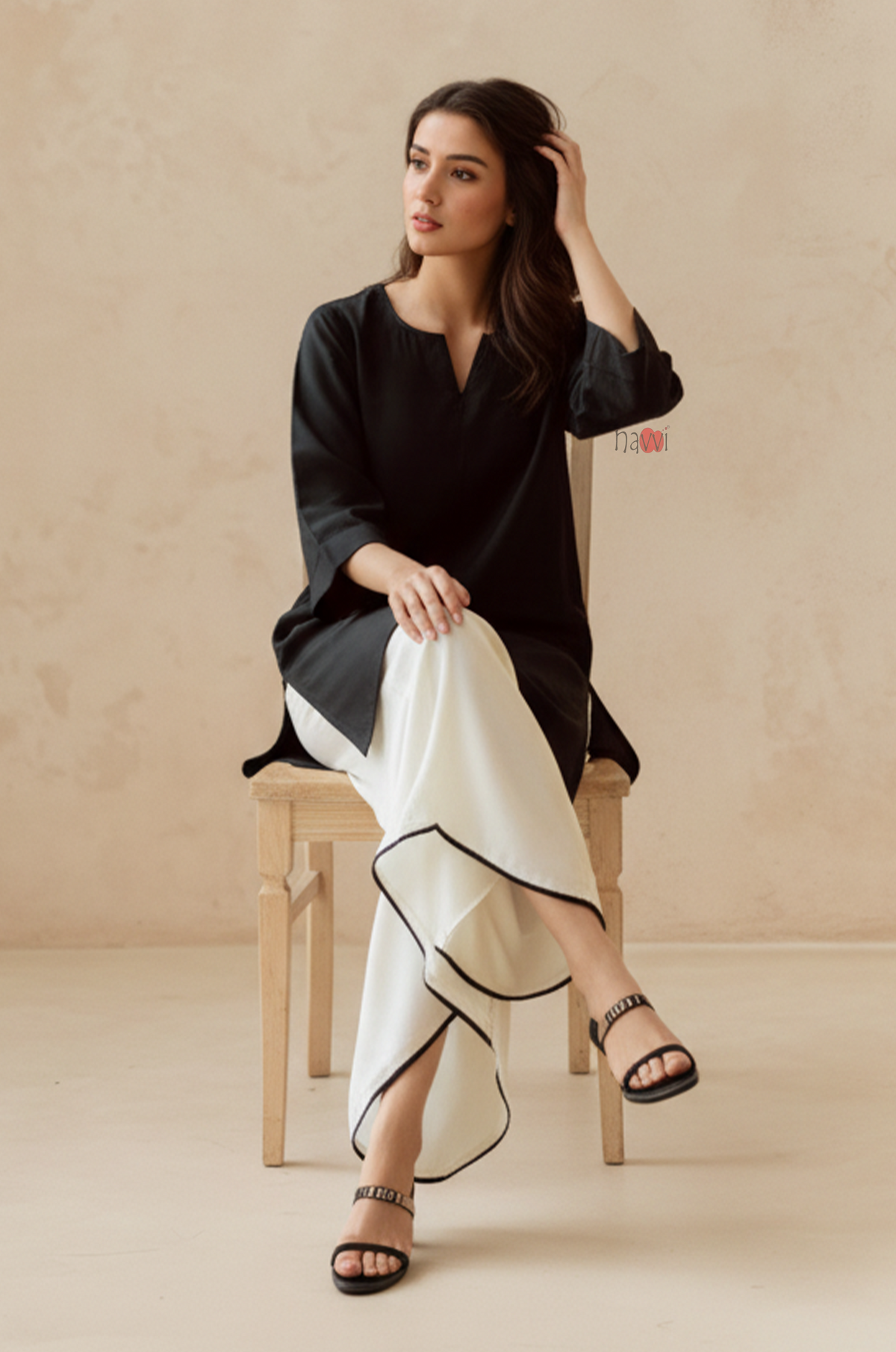 Contemporary Black Kurta Set with Scalloped Hem Pants