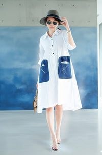 Modern White Shirt Dress with Contrast Utility Pockets