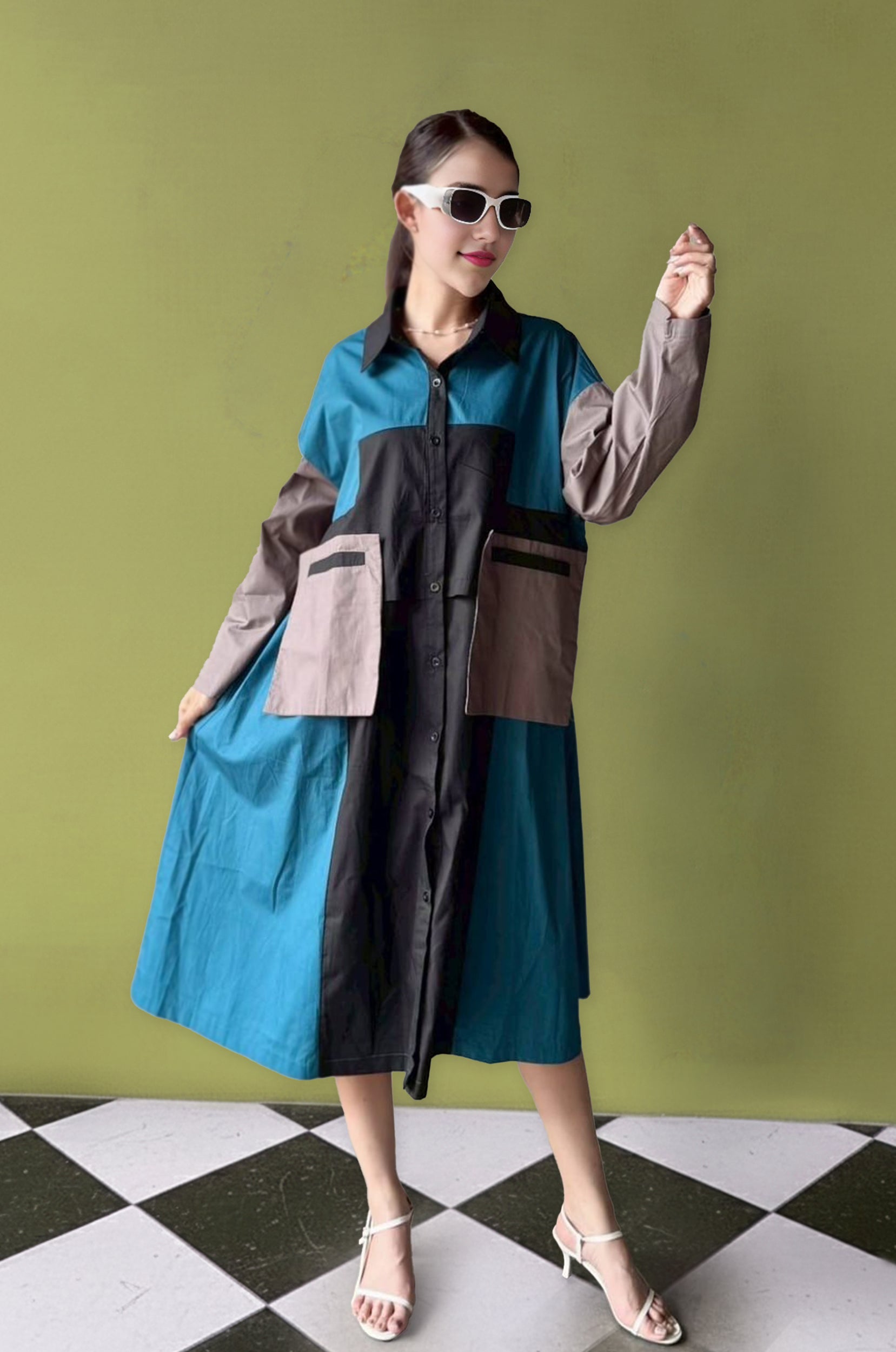 Oversized Geometric Color Block Shirt Dress