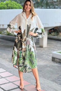 White and Green Tropical Print Shirt Dress - Navvi.in