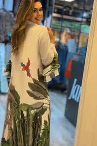 White and Green Tropical Print Shirt Dress - Navvi.in