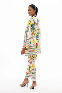 White Printed Band Collar Co - Ord Set - Navvi.in