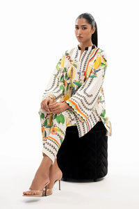 White Printed Band Collar Co - Ord Set - Navvi.in