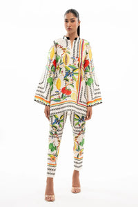 White Printed Band Collar Co - Ord Set - Navvi.in