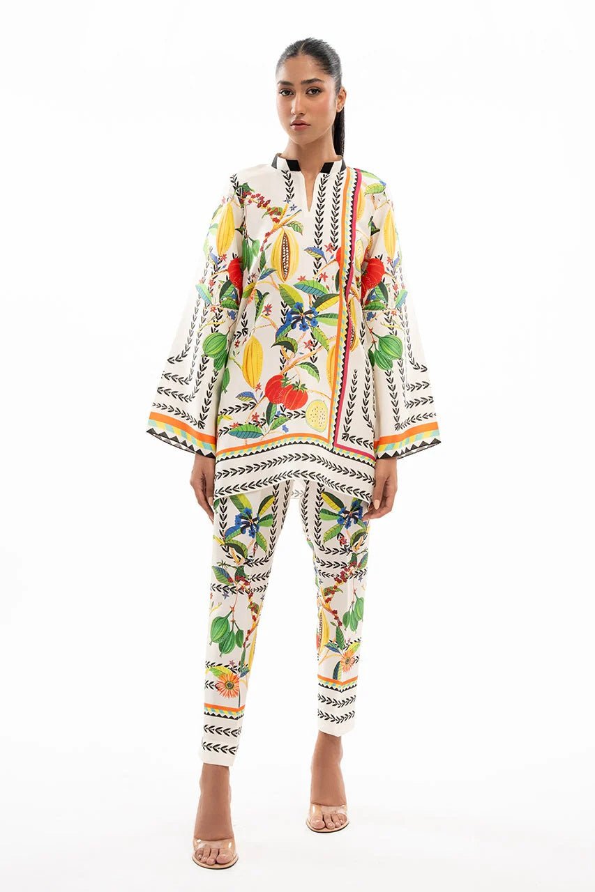 White Printed Band Collar Co - Ord Set - Navvi.in