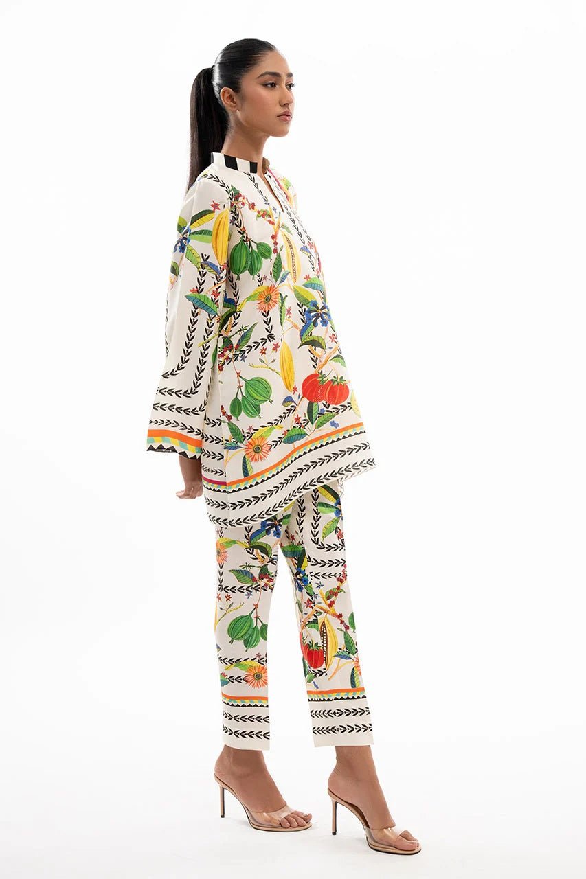 White Printed Band Collar Co - Ord Set - Navvi.in