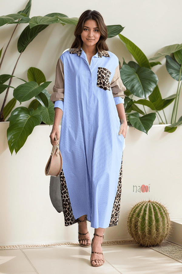 Wild Contrast Maxi Shirt Dress - Navvi.in