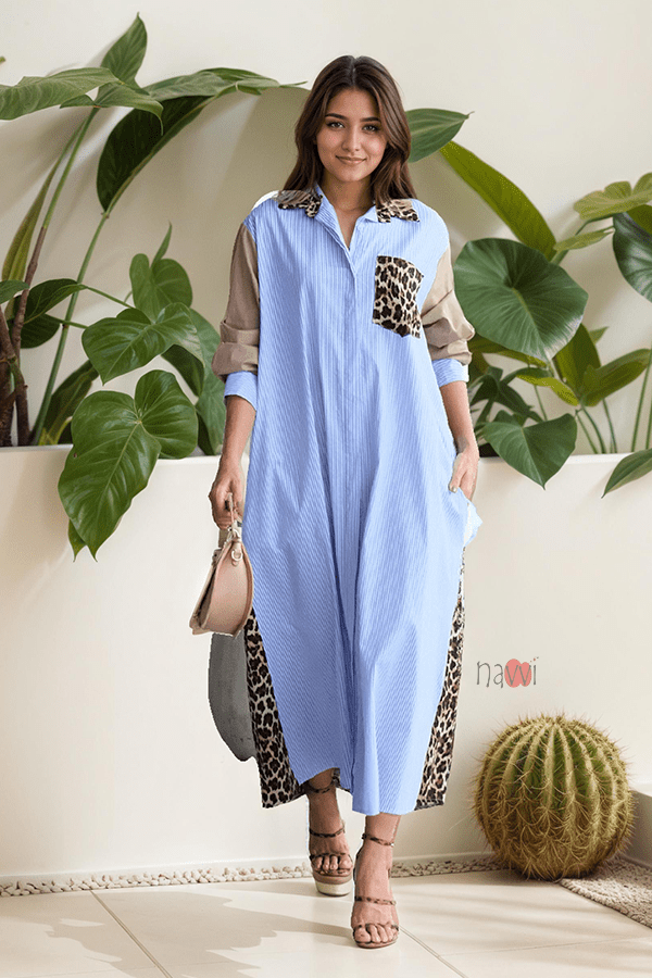 Wild Contrast Maxi Shirt Dress - Navvi.in