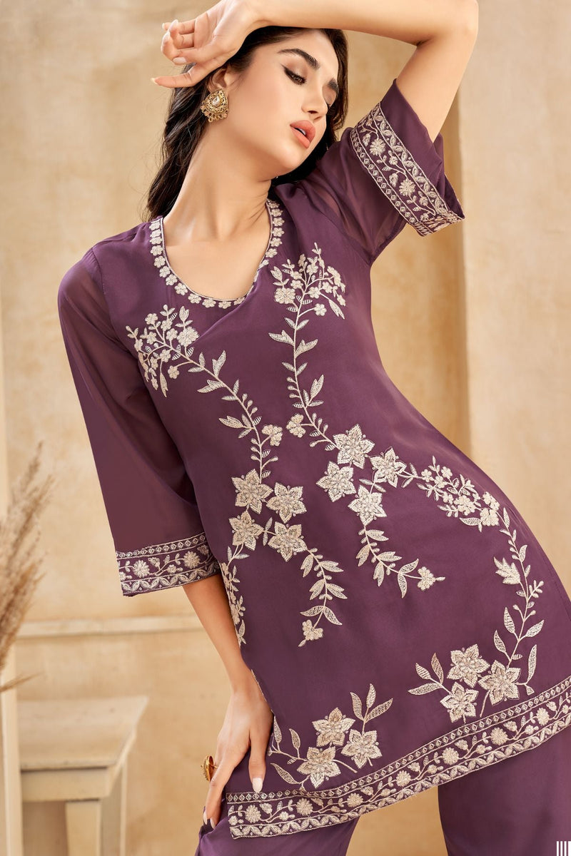 Wine Embroidery Kurta Pant Set - Navvi.in