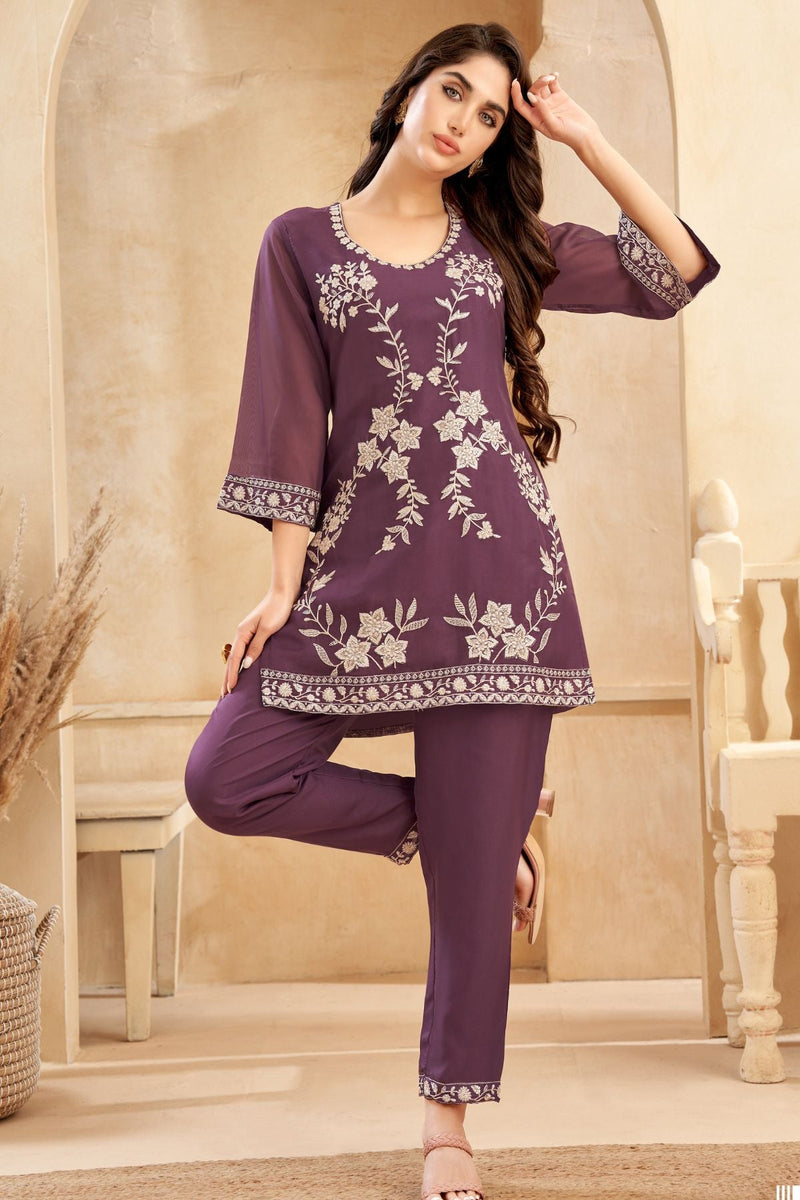 Wine Embroidery Kurta Pant Set - Navvi.in