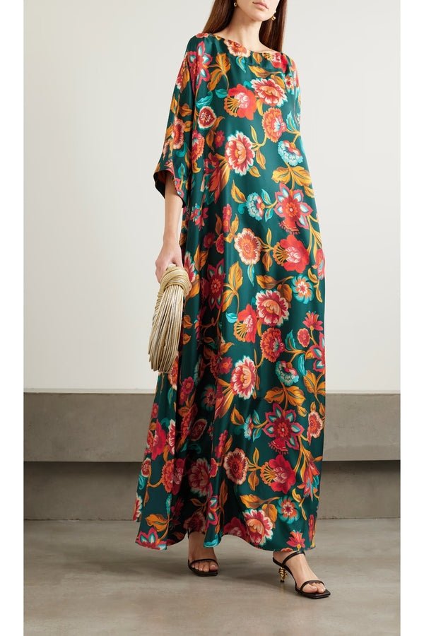 Women's Floral Print Green Kaftan Dress - Navvi.in