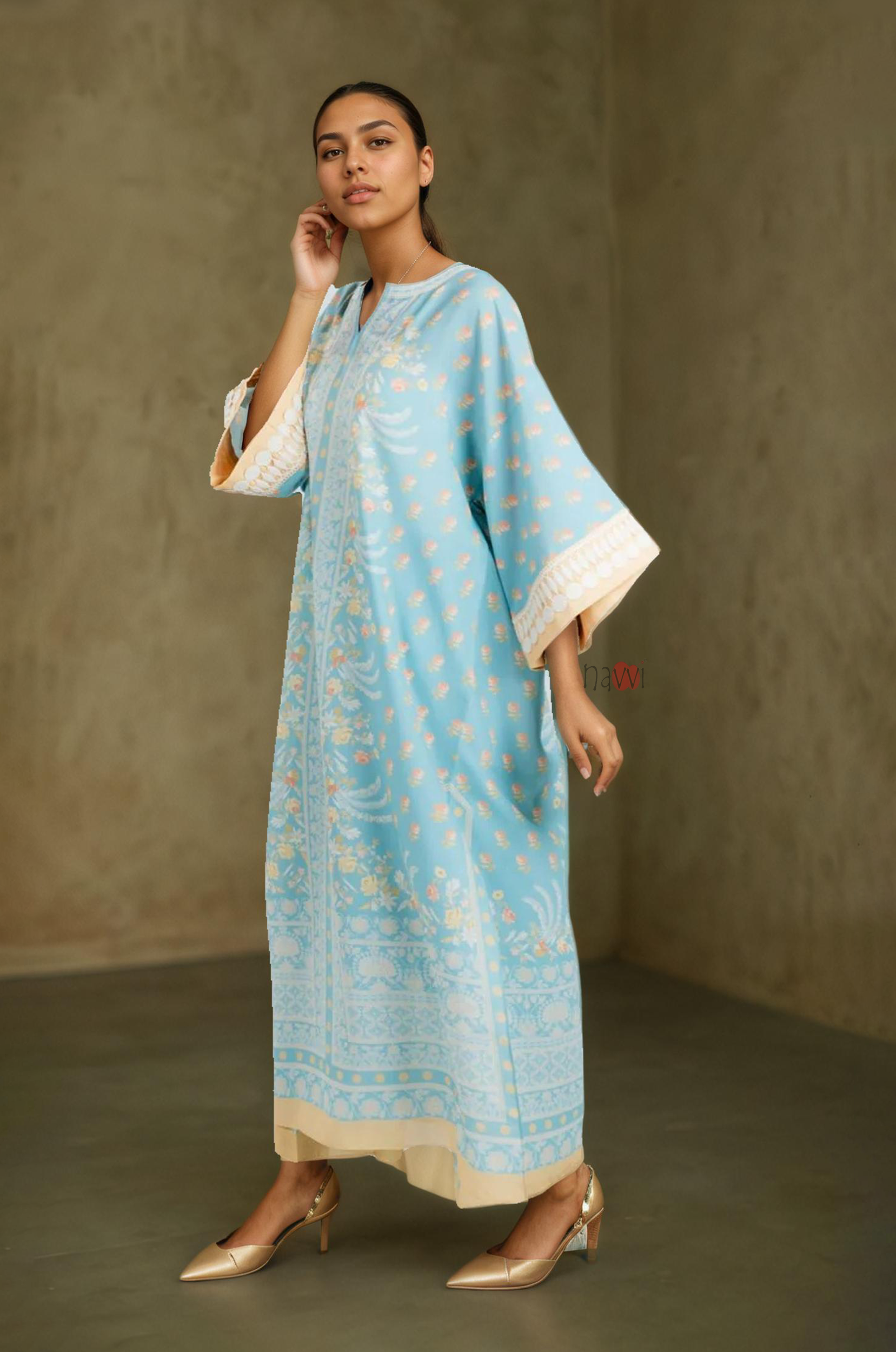 Signature Pastel Blue Printed Kaftan Dress