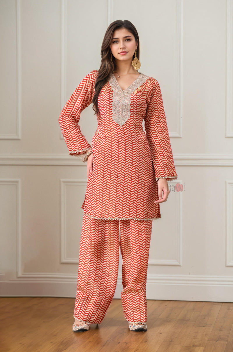 Orange Chevron Embroidered Farsi Salwar Set