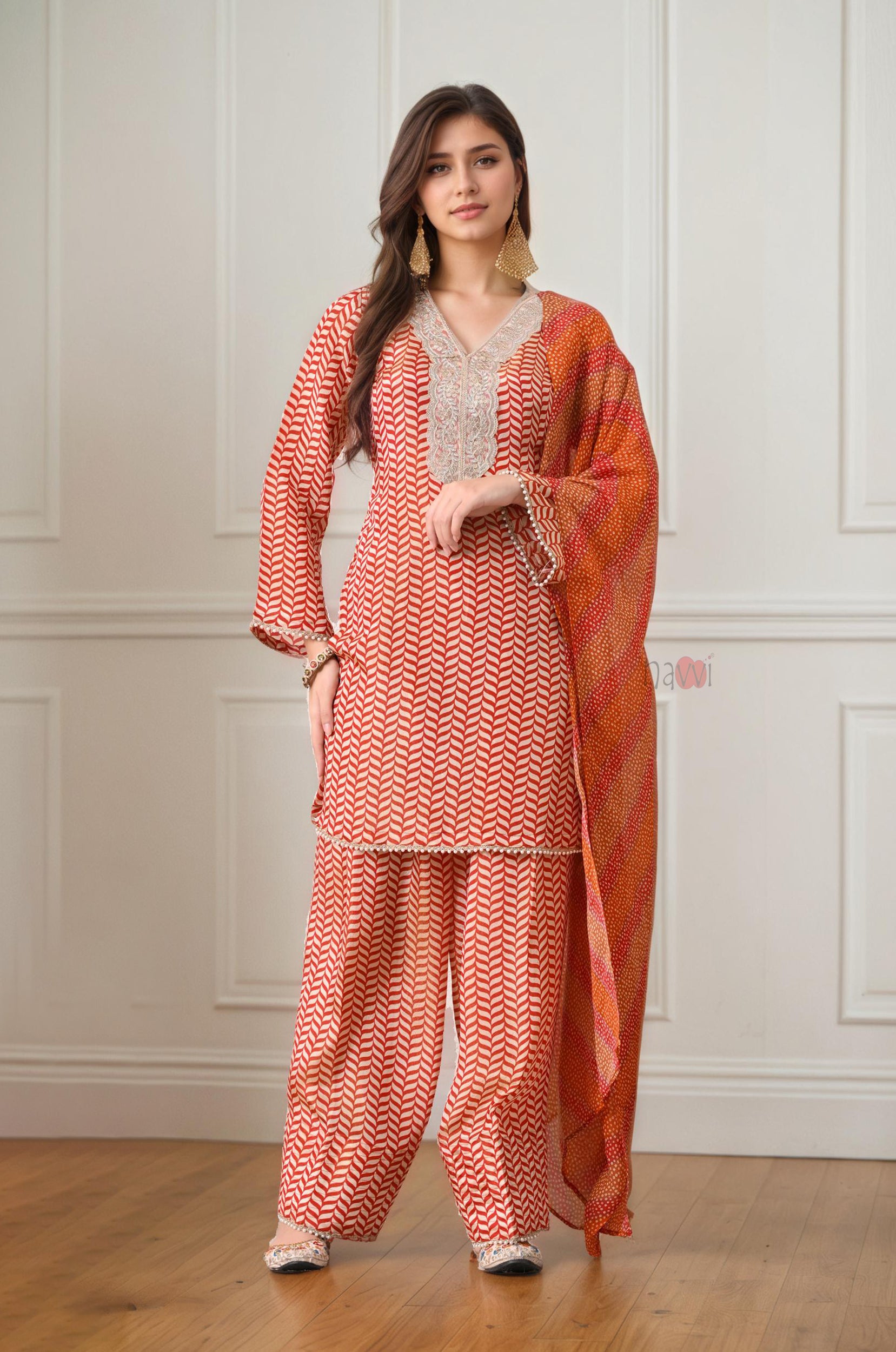 Orange Chevron Embroidered Farsi Salwar Set