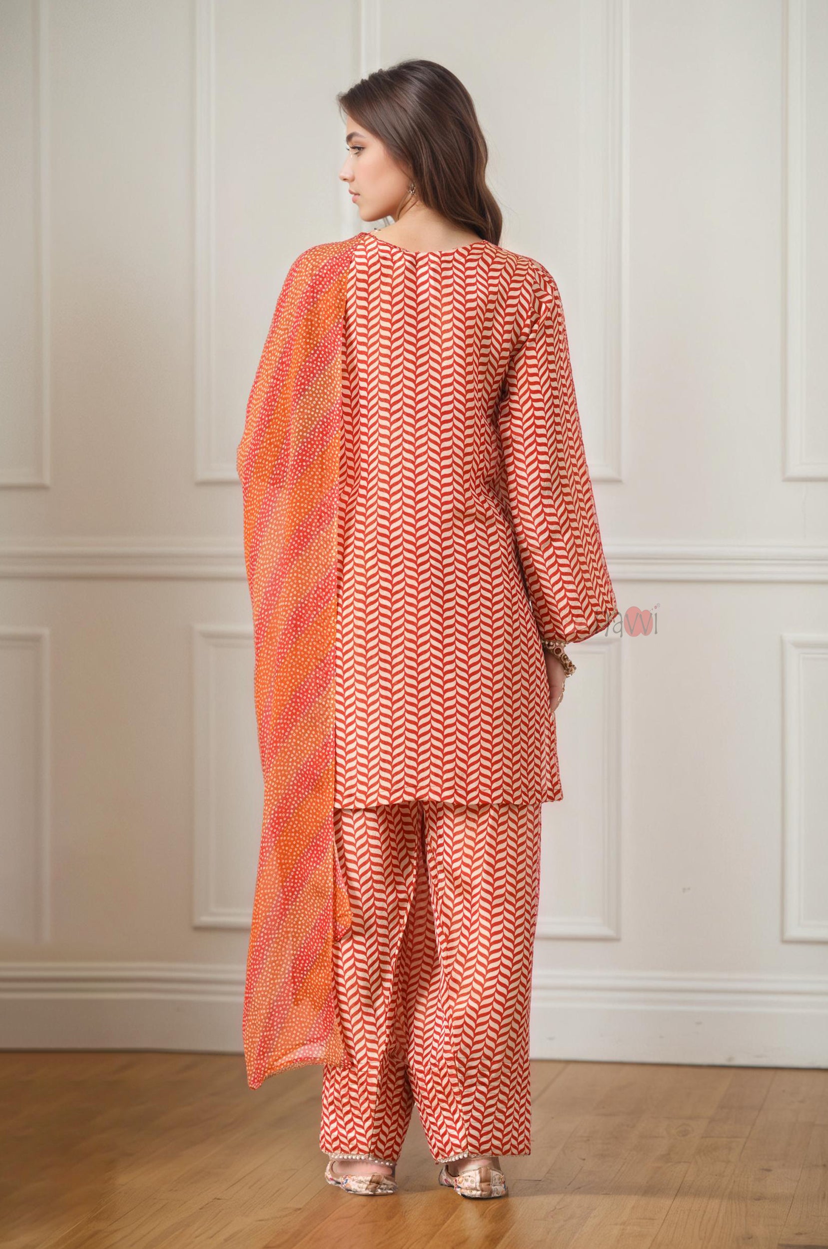Orange Chevron Embroidered Farsi Salwar Set