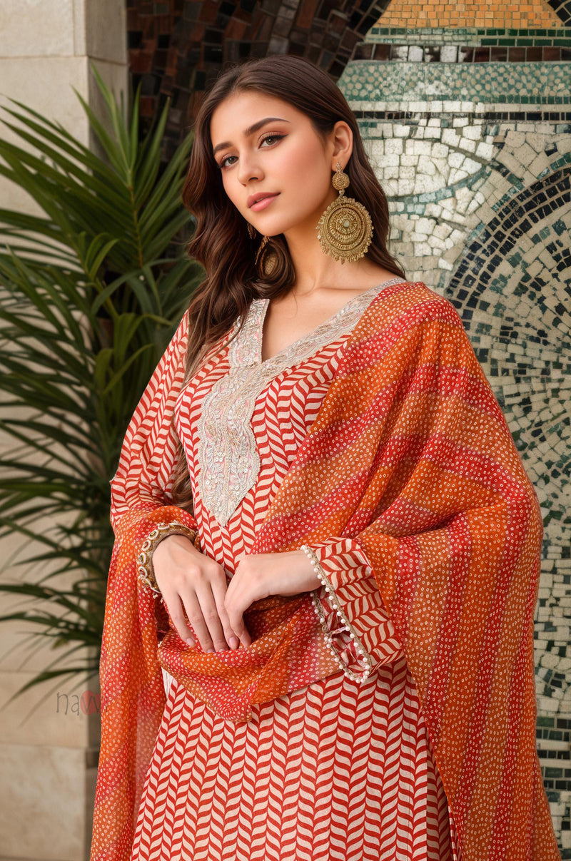Orange Chevron Embroidered Farsi Salwar Set