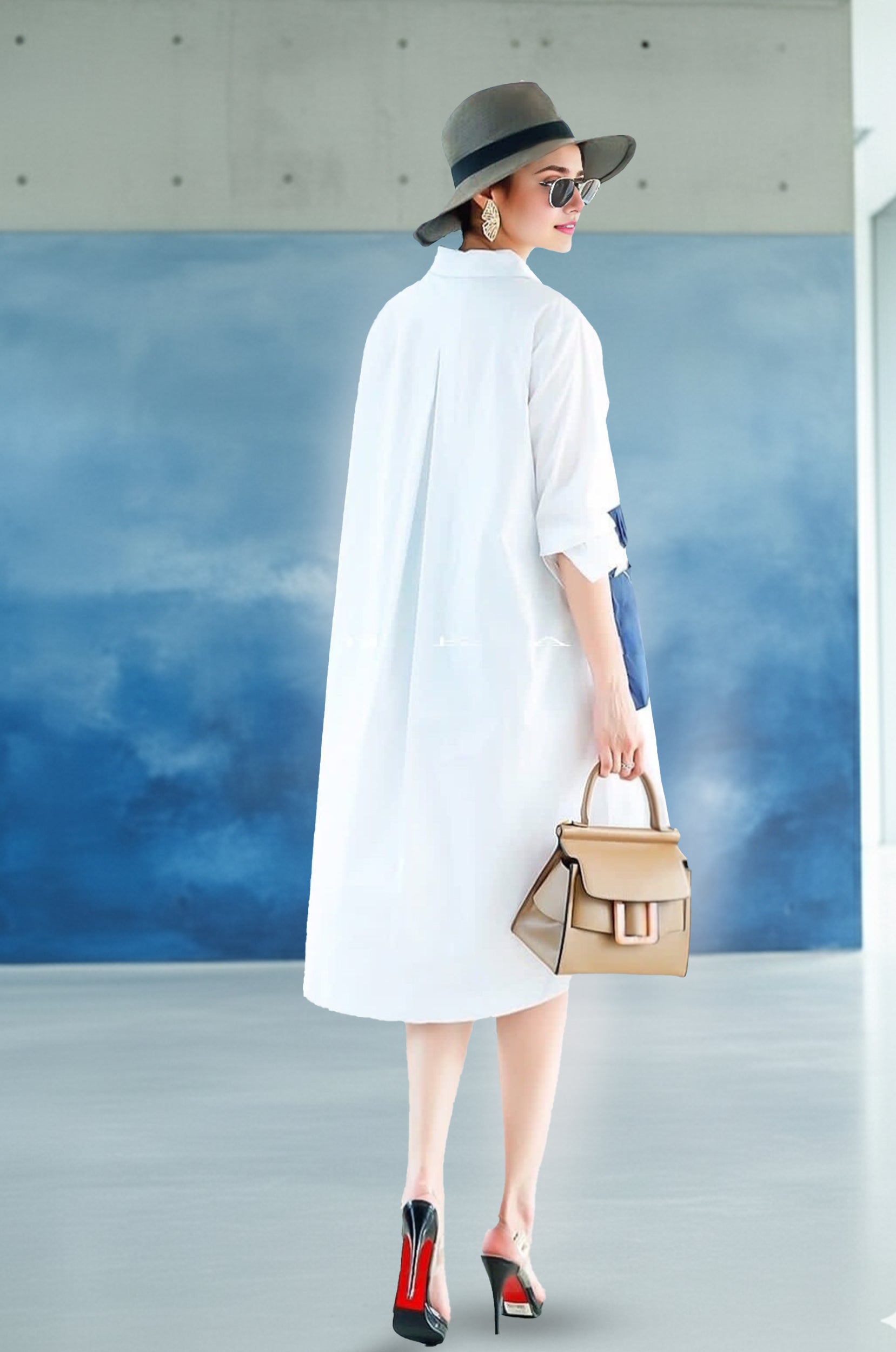 Modern White Shirt Dress with Contrast Utility Pockets