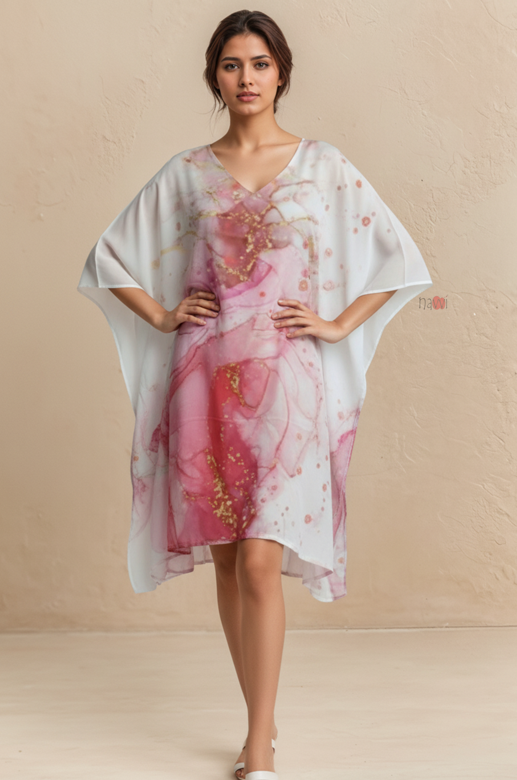 Blush Marble Print Flowing Kaftan Dress