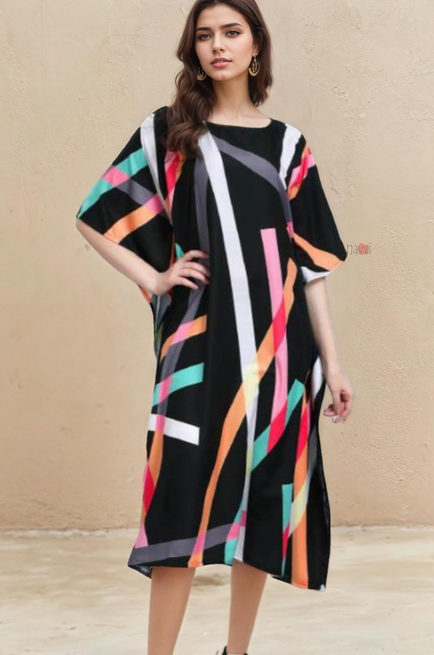 Contemporary Black Abstract Stripe Kaftan
