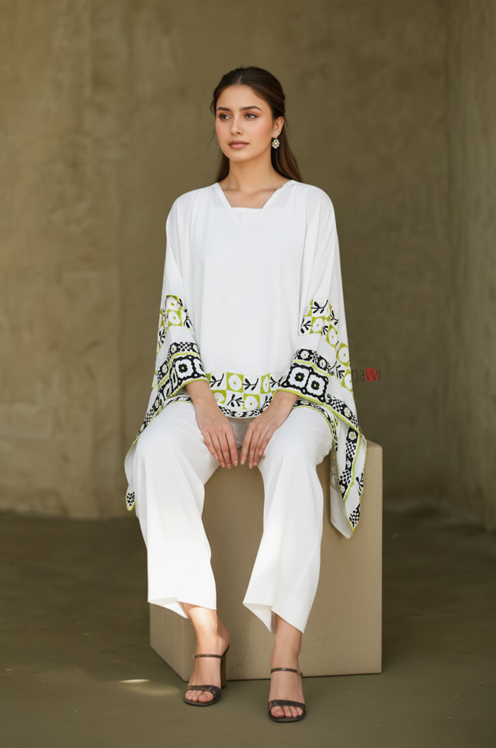 Ivory Printed Kaftan Top with Wide-Leg Pants – Modern Chic Co-Ord Set