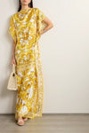 Yellow Printed Satin Silk Kaftan Maxi Dress - Navvi.in