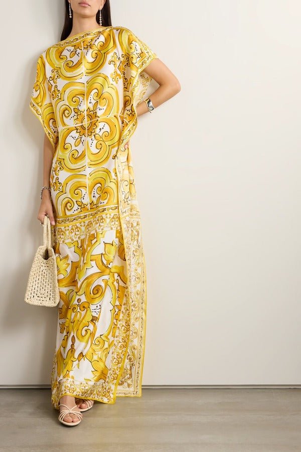 Yellow Printed Satin Silk Kaftan Maxi Dress - Navvi.in
