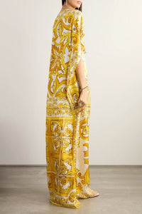 Yellow Printed Satin Silk Kaftan Maxi Dress - Navvi.in