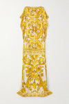 Yellow Printed Satin Silk Kaftan Maxi Dress - Navvi.in
