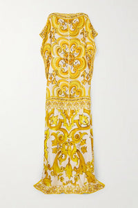 Yellow Printed Satin Silk Kaftan Maxi Dress - Navvi.in
