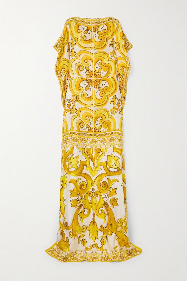 Yellow Printed Satin Silk Kaftan Maxi Dress - Navvi.in