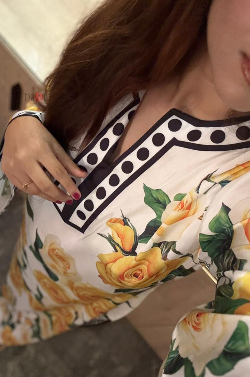 Yellow Rose Printed Kaftan - Navvi.in
