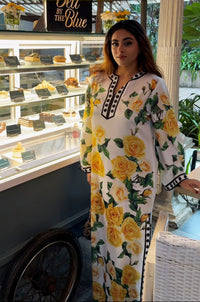 Yellow Rose Printed Kaftan - Navvi.in