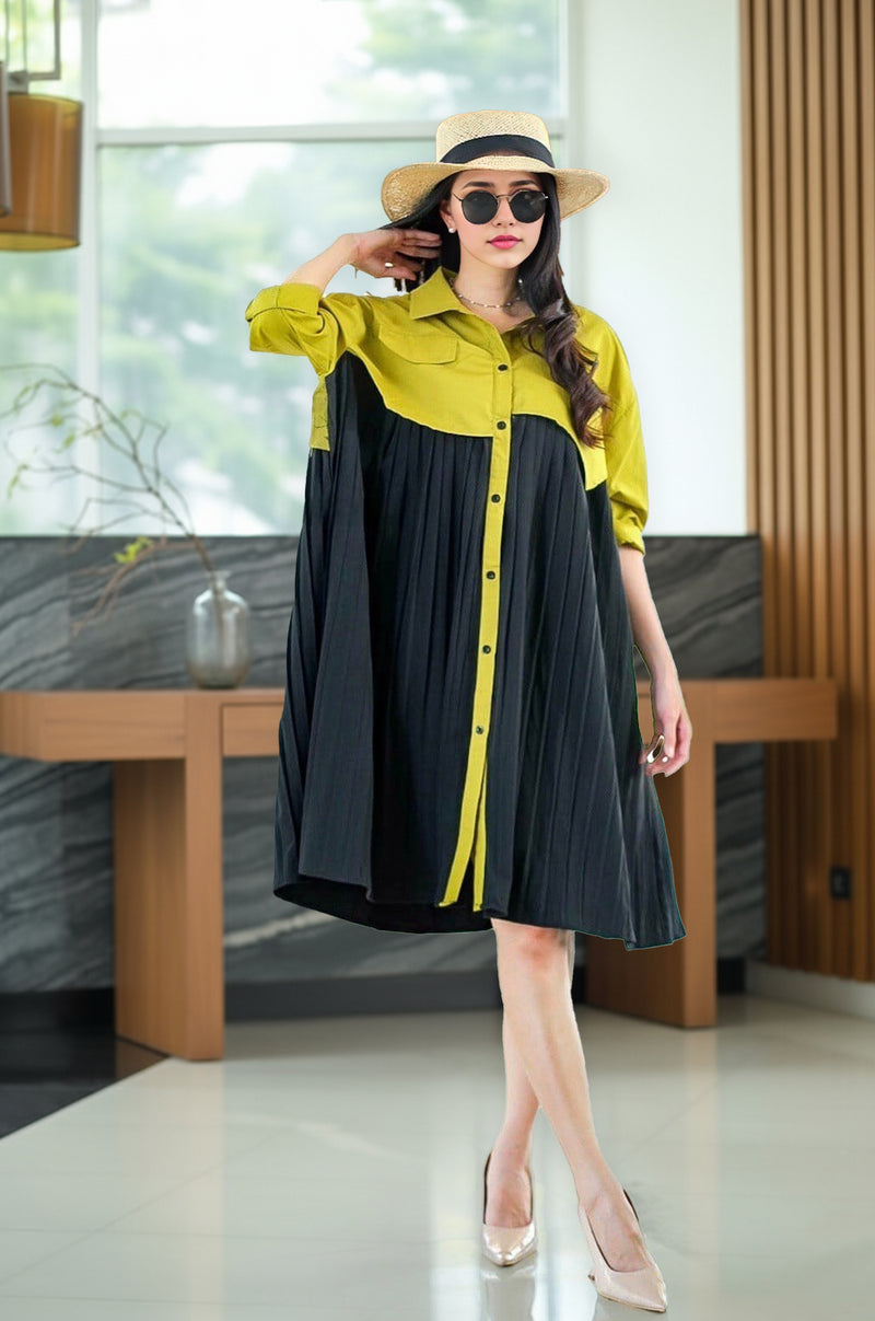 Two-Tone Button-Down Midi Shirt Dress