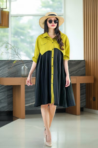 Two-Tone Button-Down Midi Shirt Dress