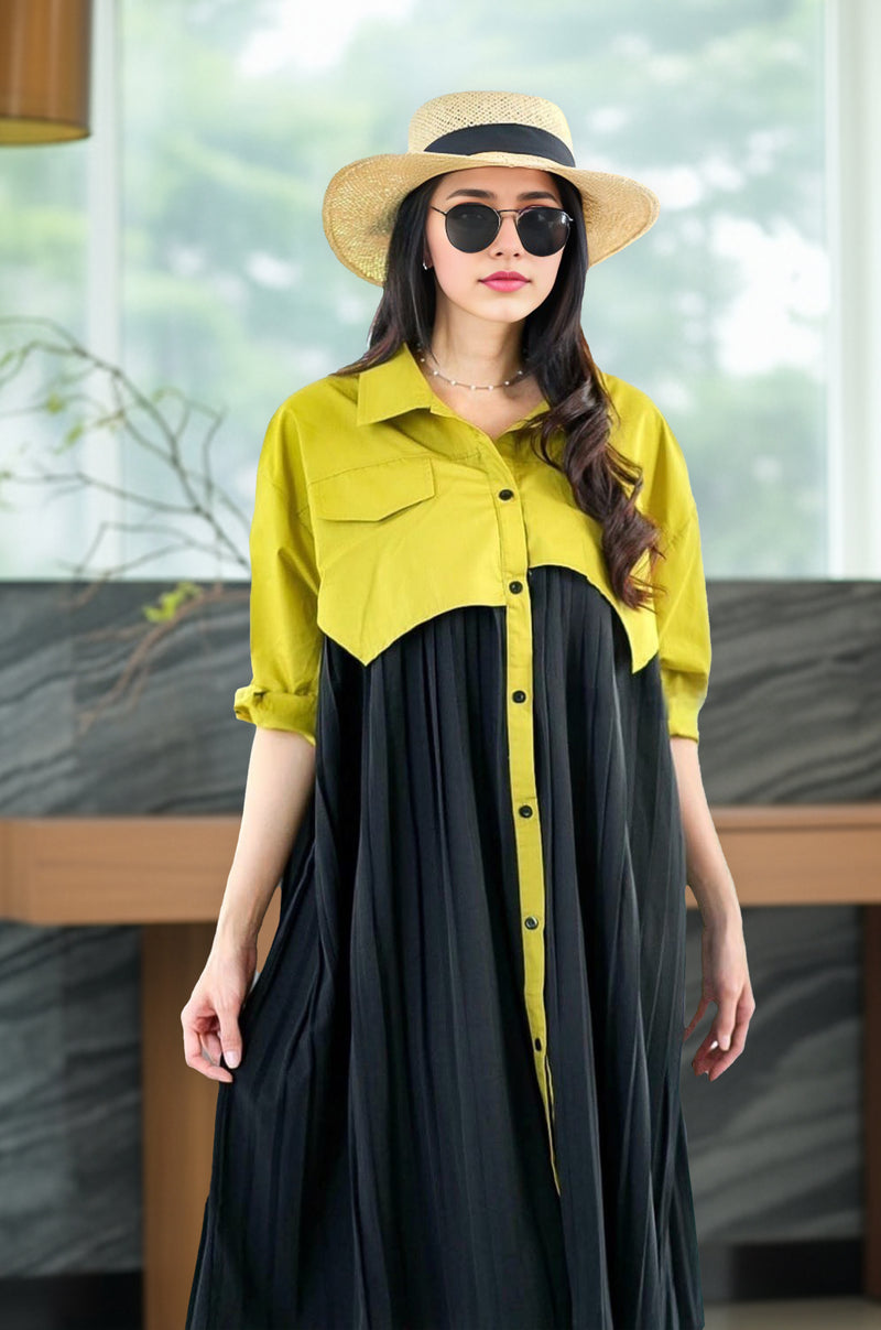 Two-Tone Button-Down Midi Shirt Dress