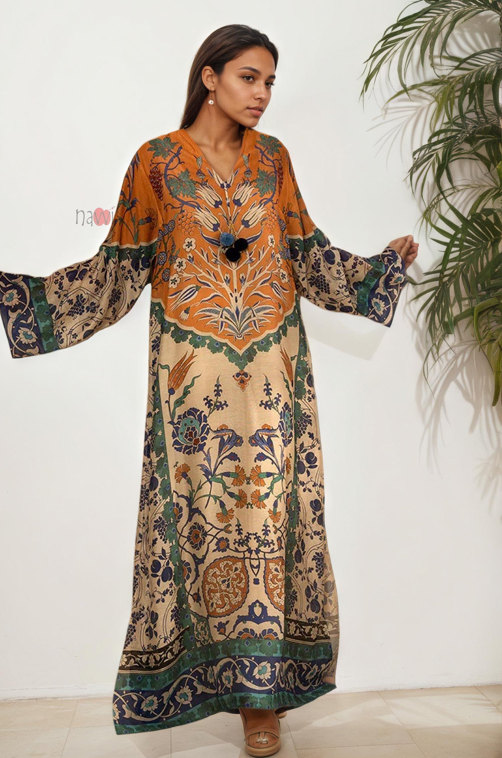 Rust & Green Ethnic Print Long Dress
