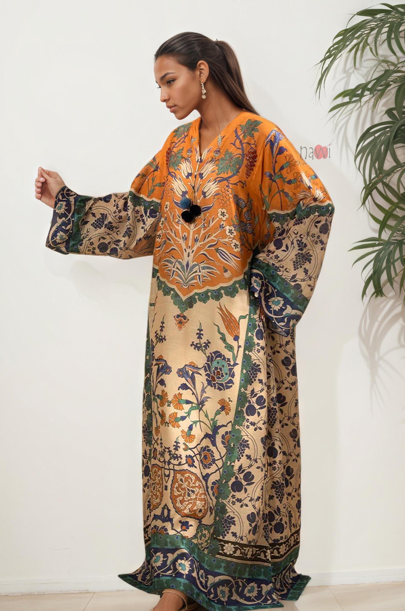 Rust & Green Ethnic Print Long Dress