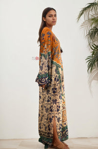 Rust & Green Ethnic Print Long Dress