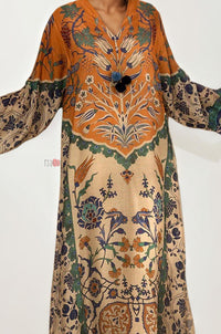 Rust & Green Ethnic Print Long Dress