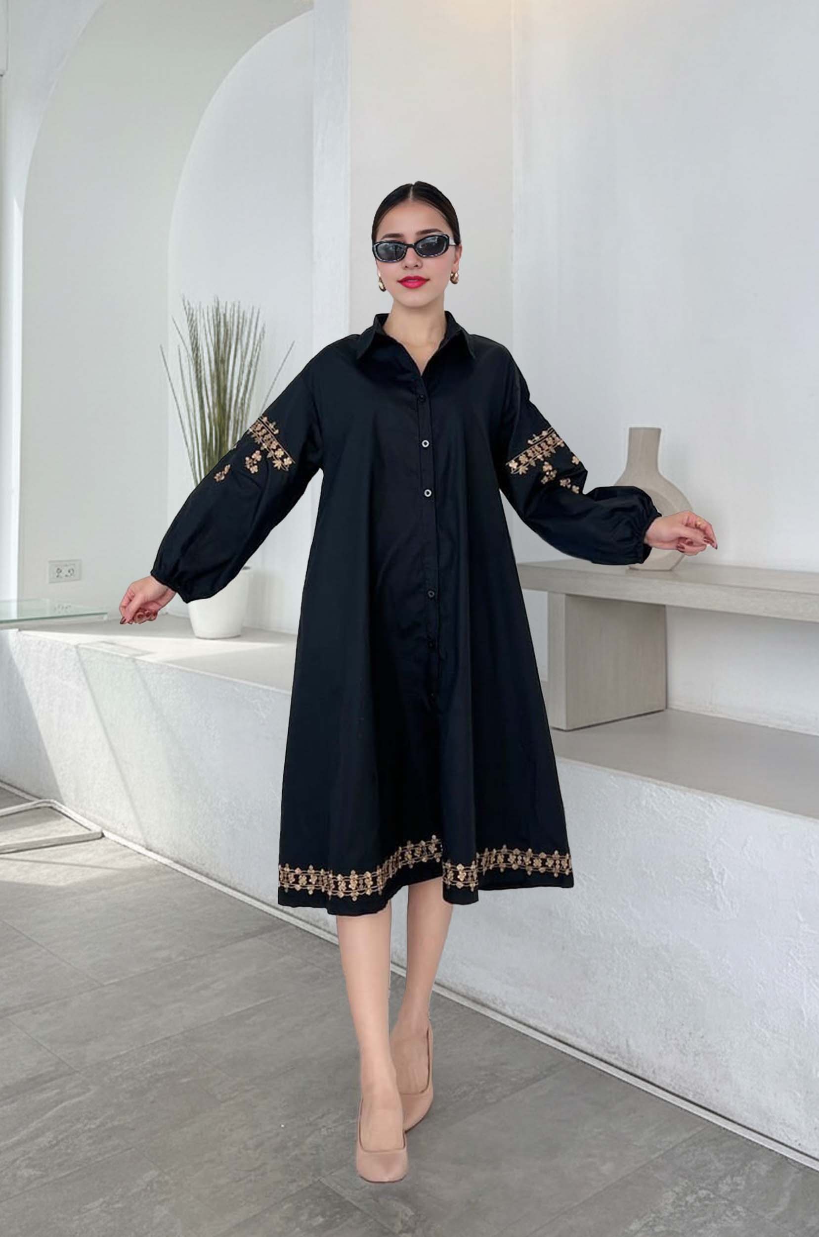 Embroidered Oversized A-Line Shirtdress