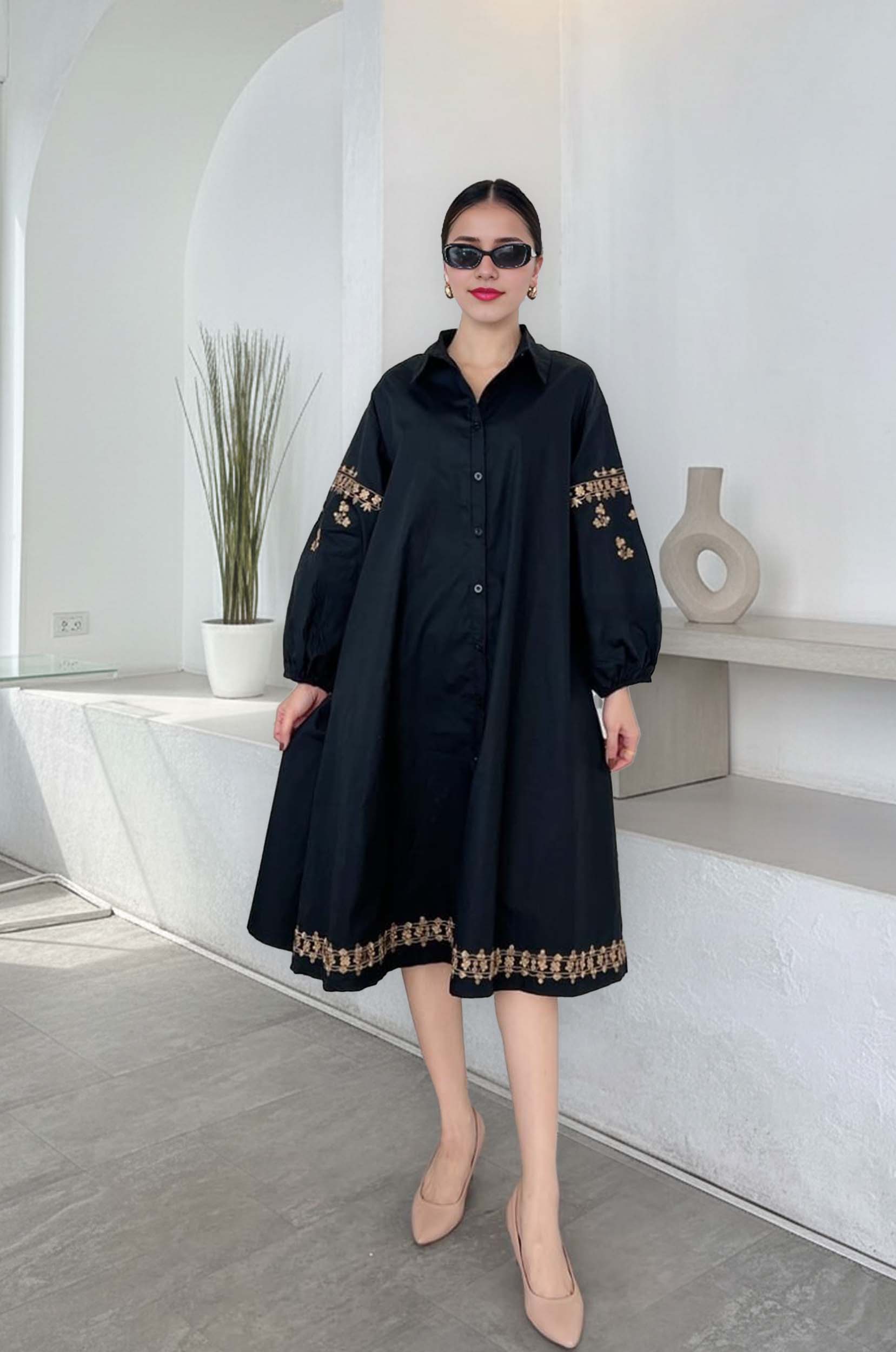 Embroidered Oversized A-Line Shirtdress