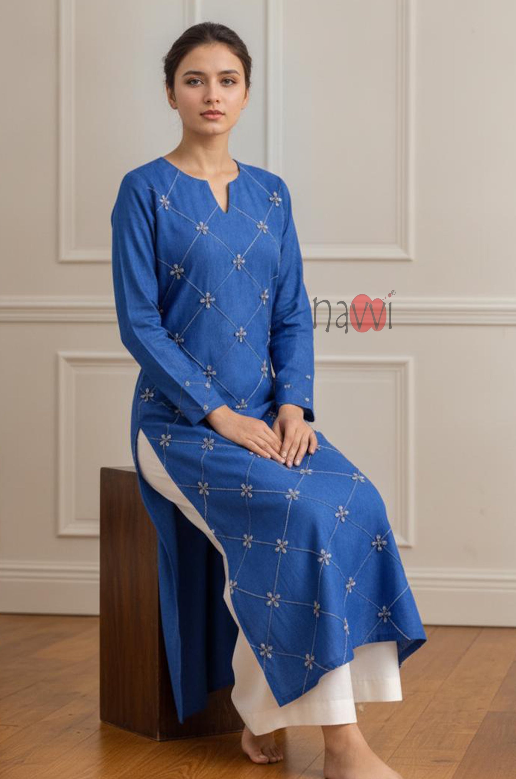 Royal Blue Diamond Embroidered Kurta Set