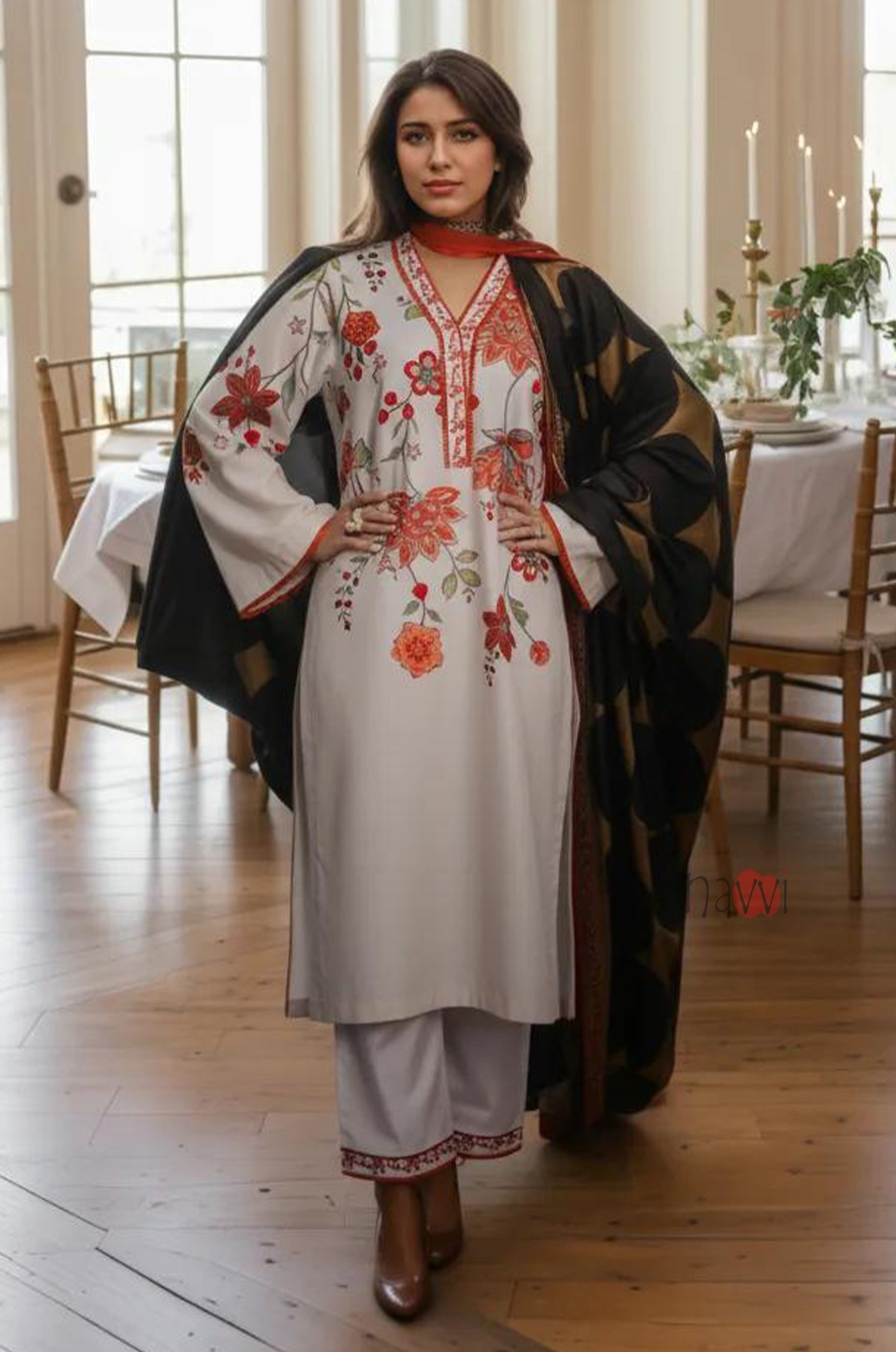 Ivory Floral Straight Kurta Set – Festive Wear