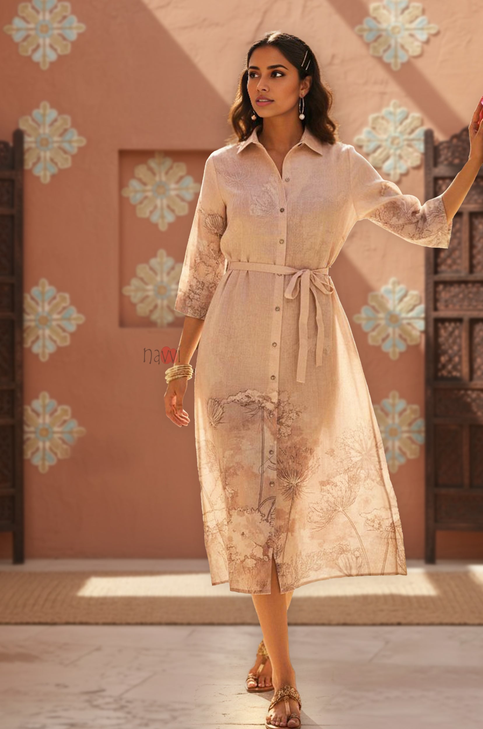 Sheer Linen Blend Floral Print Midi Shirtdress
