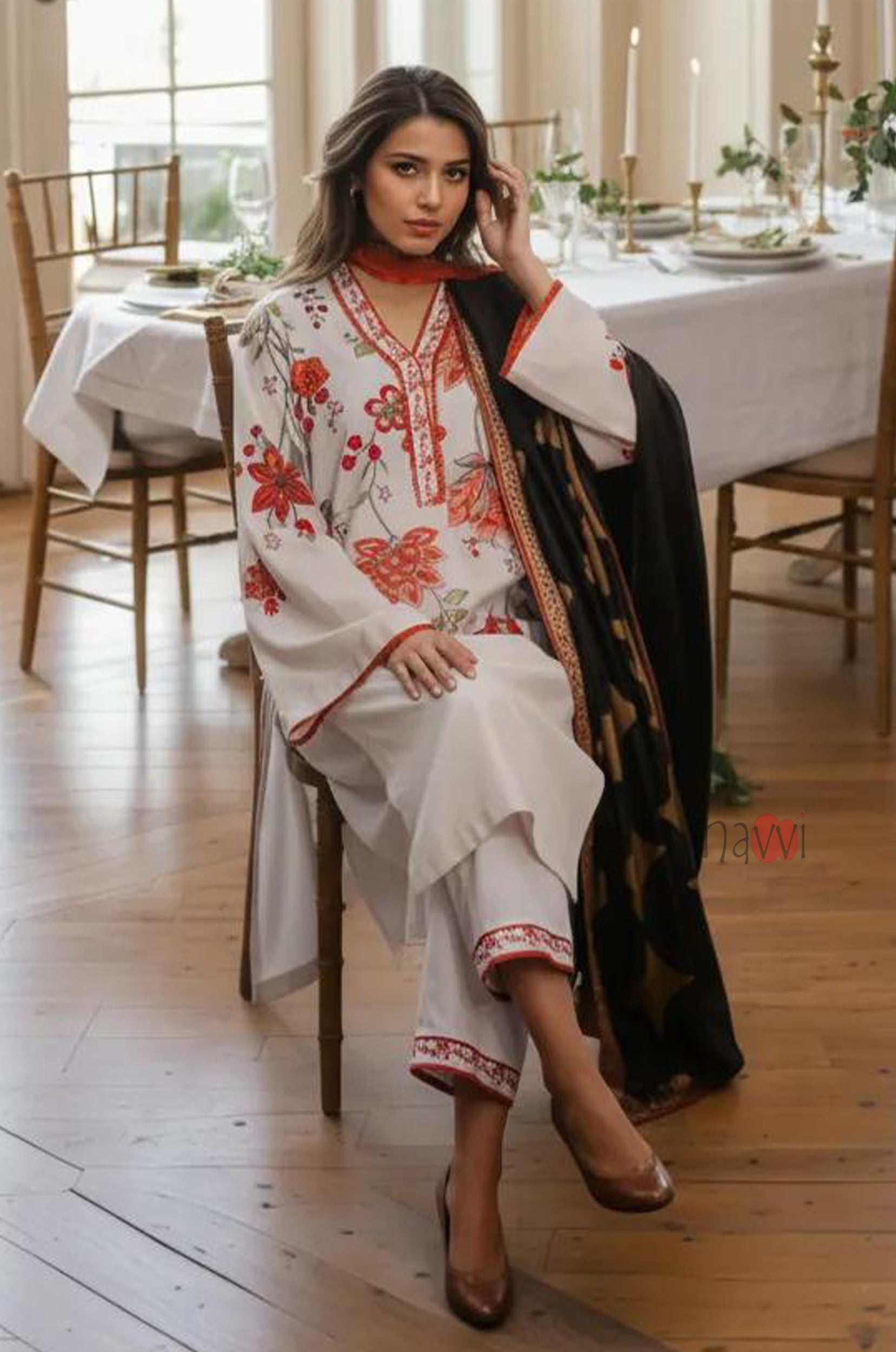Ivory Floral Straight Kurta Set – Festive Wear
