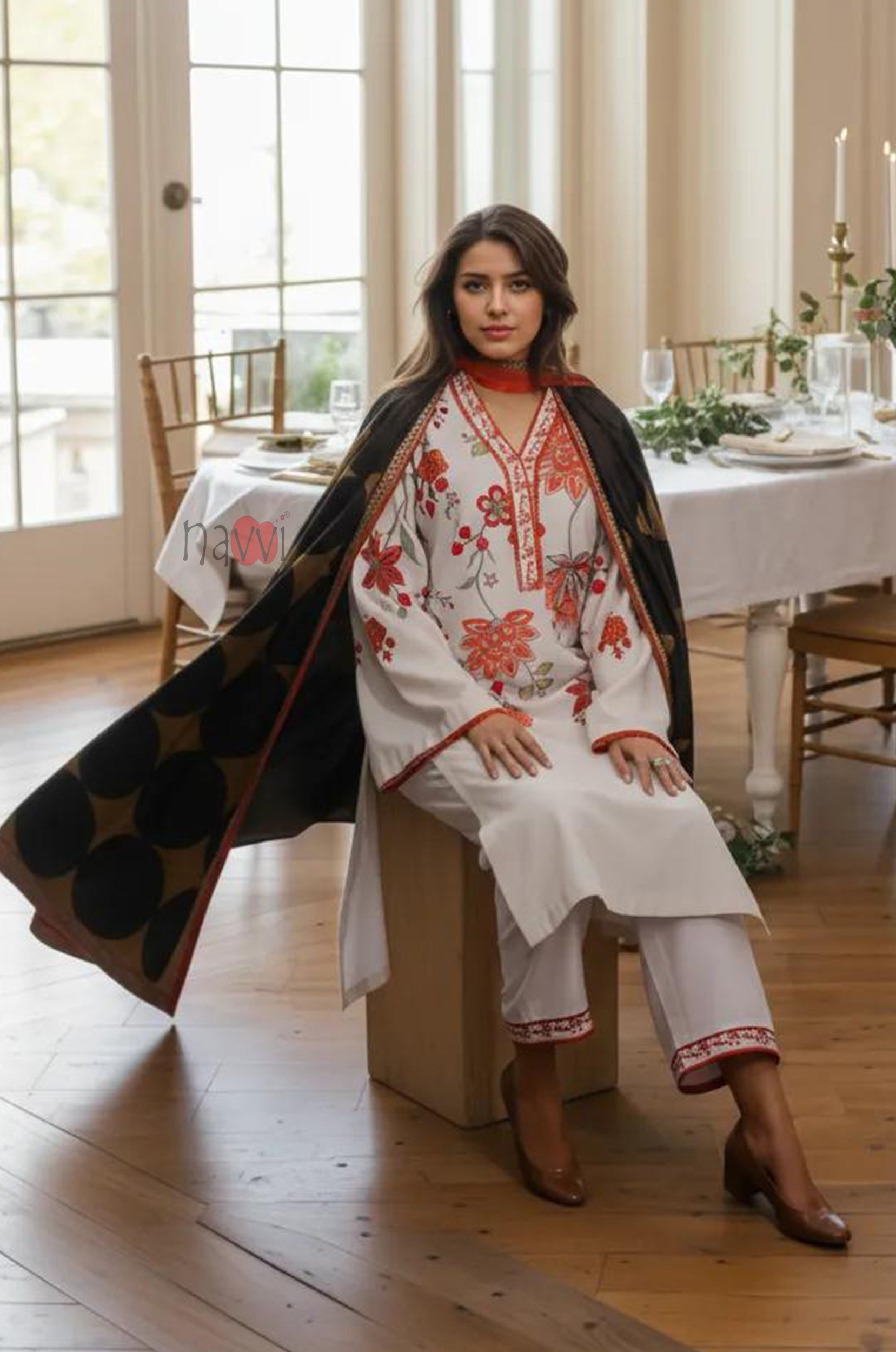 Ivory Floral Straight Kurta Set – Festive Wear